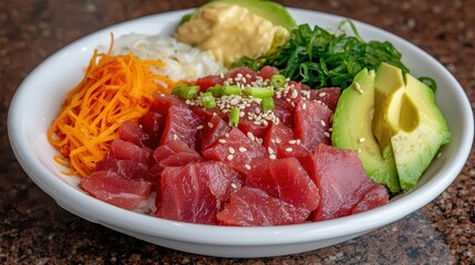 Fototapeta premium Delicious Hawaiian Poke Bowl with Tuna Avocado Sesame Seeds and Carrots