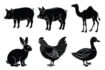 Farm and Domestic Animals set, Animals silhouette collection vector illustration