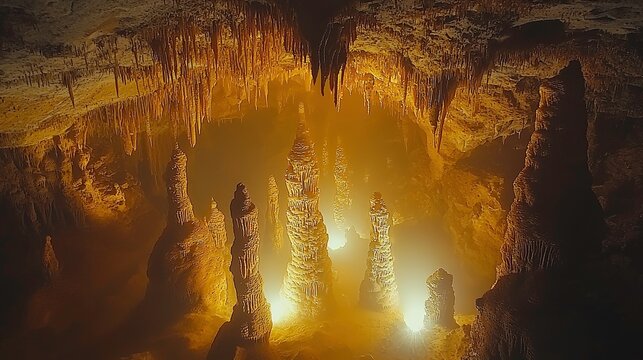 Illuminated stalagmites and stalactites in an underground cave natural environment stunning visuals mystical atmosphere
