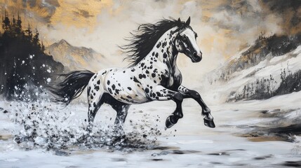 Beautiful appaloosa horse running in winter