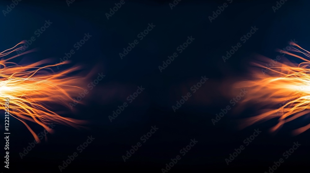 Aufkleber Glowing amber lines weave intricate spirals on a deep navy background, illustrating energy currents and creating a captivating abstract design with ample copy space
