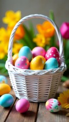 Fototapeta premium White wicker basket with colorful Easter eggs. Easter, greeting card.