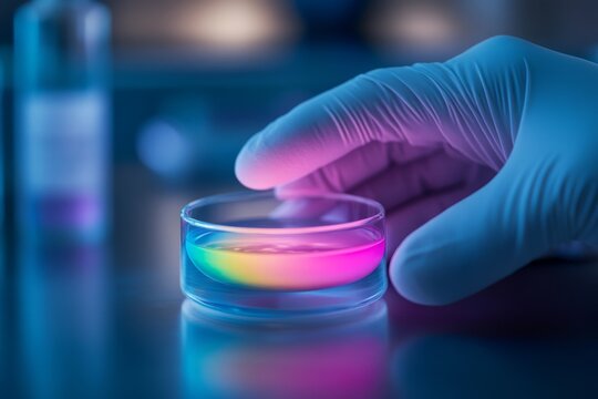 Gloved hands manipulate a swirling culture in a petri dish within a life science research laboratory, emphasizing meticulous techniques and scientific rigor