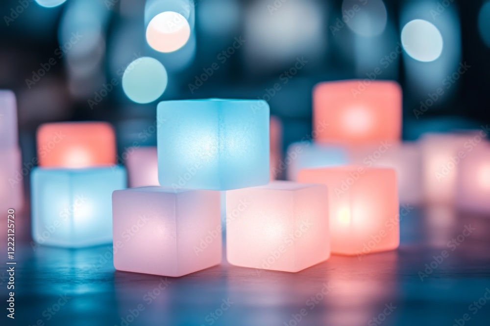 Aufkleber a collection of glowing neon cubes in blue and pink stacked creatively, reflecting light to enhance 