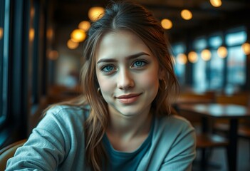 Obraz premium Young woman in a cafe, sorrowful expression
