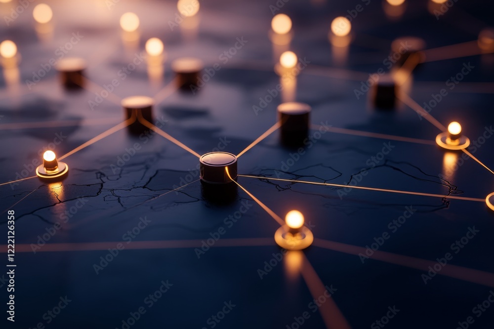 Poster Interconnected geometric shapes with luminous edges are displayed against a dark blue background, symbolizing advanced communication networks, with space for text