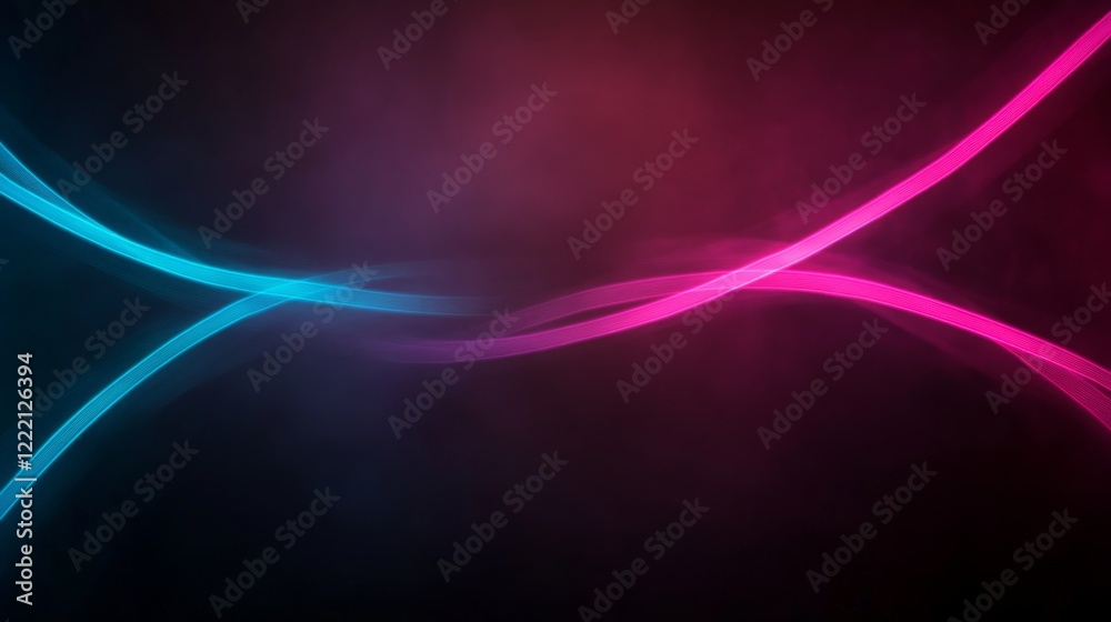 Aufkleber Close-up view showcases glowing teal and magenta lines intersecting on a textured black surface, enhanced by light flares that add depth and intrigue