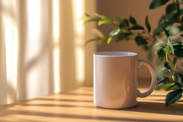 White Coffee Mug on Wooden Table with Sunlight and Green Plants
