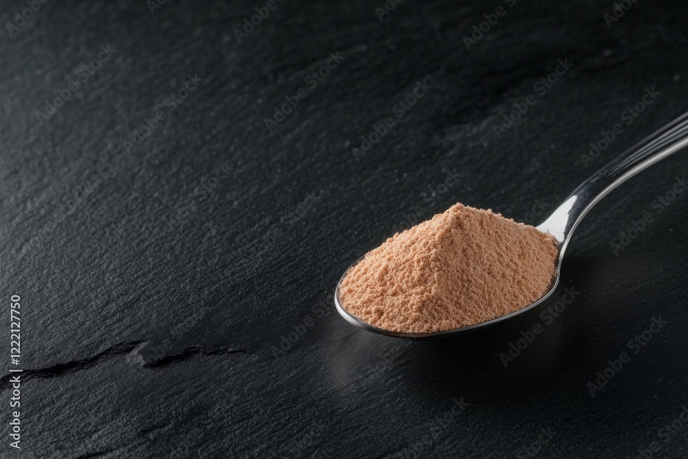 Poster Turmeric powder rests in a spoon on a dark stone surface, highlighting its rich color and texture, with ample space adjacent for additional text or graphics