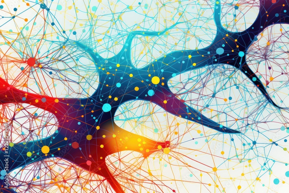 Poster a complex abstract representation of an ai neural network showcasing vivid colors and intricate patt