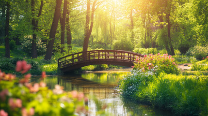 Forest landscape with bridge on river background. Cartoon fairytale summer nature valley with grass, bush and flowers. Garden environment and crossing construction with railing. Sunny game drawing