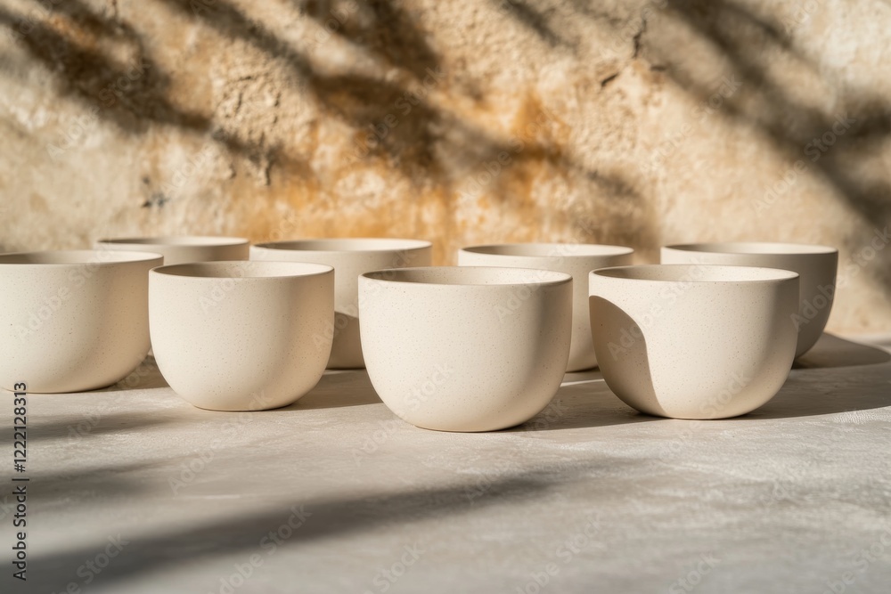 Poster close arrangement of white ceramic vessels on a minimalist surface, illuminated by soft light that h