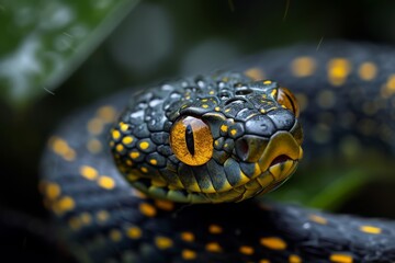 Fototapeta premium The goldringed cat snake displays its defensive posture amidst lush greenery in a tropical habitat during the early morning hours