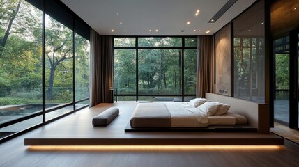 Fototapeta premium Spacious modern bedroom with a sleek low bed, large windows, and neutral tones for a calming atmosphere.