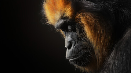 Close-up of an expressive golden lion tamarin in a dark setting showcasing its vibrant fur and deep gaze