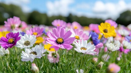 Obraz premium Colorful wildflowers bloom in a sunny field, creating a vibrant natural scene perfect for greeting cards