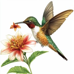 Naklejka premium Colorful Hummingbird Approaching Blooming Flower in Bright Natural Setting