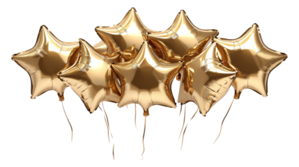 Cluster of golden foil star-shaped balloons floating against a transparent background, ideal for celebrating festive occasions, events, and parties.