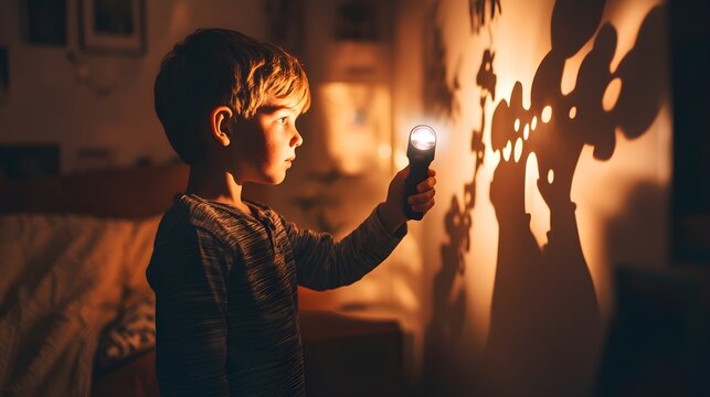 child playing with flashlight creating shadow puppets on wall