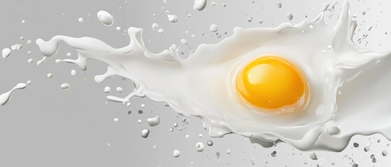Realistic vector-style milk splatters with vibrant egg yolk on gray background