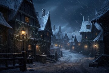 A quaint rustically styled village blanketed in snow, illuminated by charming twinkling lights, invites evening strolls on a peaceful winter night