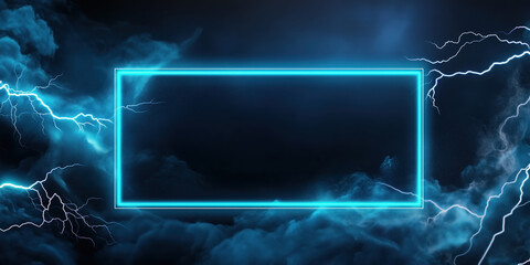 Neon blue frame with lightning and clouds on dark background. Gaming and technology banners