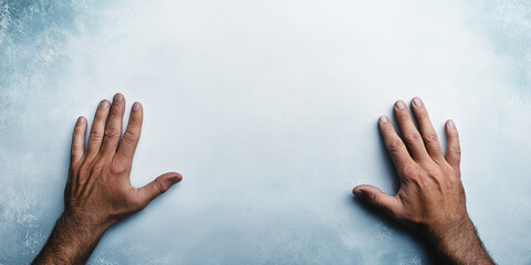 Hands touching white frost surface. Winter and cold weather concepts