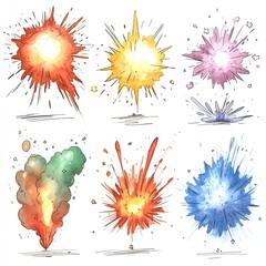 Six colorful cartoon explosion effects, isolated on white background.