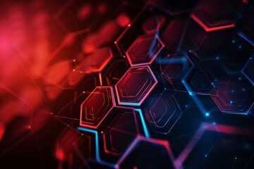 An abstract background featuring interconnected hexagons illuminated by vibrant red and blue lights, showcasing a dynamic design meant for digital art or technology themes