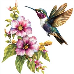 Fototapeta premium Vibrant Hummingbird Hovering Near Colorful Blossoms in Nature Scene