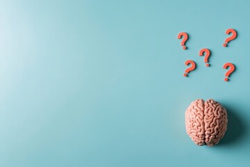Close-up shot features a brain-shaped puzzle with floating question marks against a clean blue background, highlighting the intricate nature of human thought processes