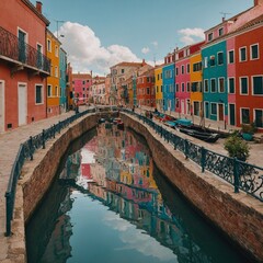 A whimsical canal lined with colorful homes, bridges connecting each side, with people strolling along the path.