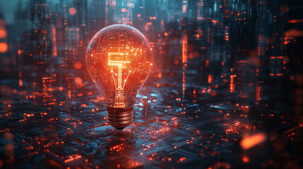 A glowing lightbulb with a circuit board filament emits energy, set against a dark backdrop of digital streams, symbolizing innovation, technology, and progress in a minimalistic modern tone

