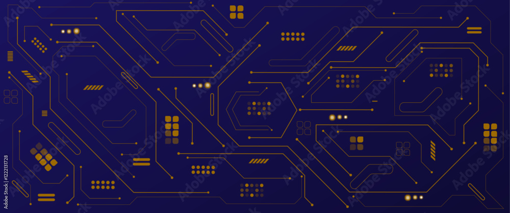 Fototapete Vectors connecting lines and dots. Social networking, Abstract technology background. Gold circuit lines and connected dots on dark tech bg. 