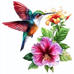 Colorful Hummingbird Hovering Near Tropical Flowers in Lush Greenery, Vibrant Nature Scene