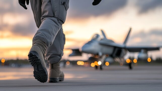 A fighter pilot in a gray flight suit walks purposefully on the tarmac at sunset, with reflections from the jet enhancing the dramatic atmosphere