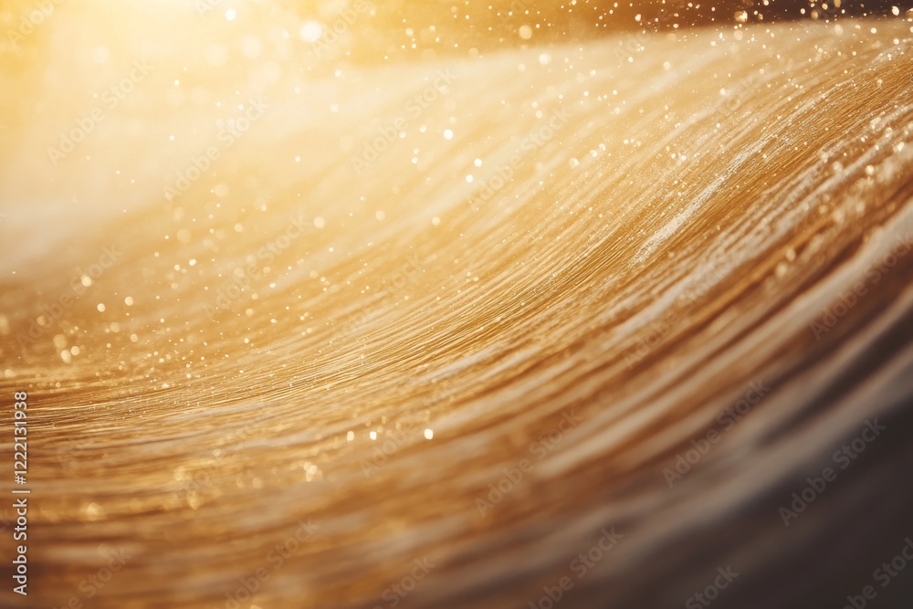 Poster a golden liquid flows gracefully down a curved surface, where tiny bubbles catch warm light, evoking