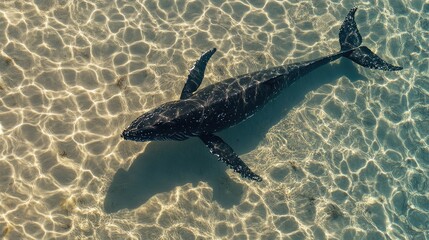 The shadow of a humpback whale gliding over the sandy ocean floor