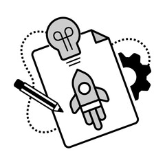 Startup Proposal Icon – Rocket with Document, Gear, and Pencil Representing Business Launch Planning