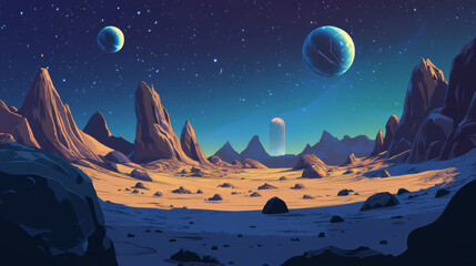 Dark night blue alien planet surface with desert and rock cliff mountains. Cartoon vector fiction outer space landscape with big stones and celestial bodies in sky for game level background.