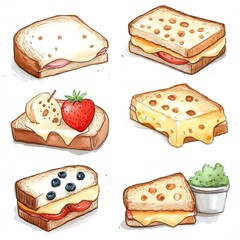 Six different watercolor illustrations of grilled cheese sandwiches with various fillings.