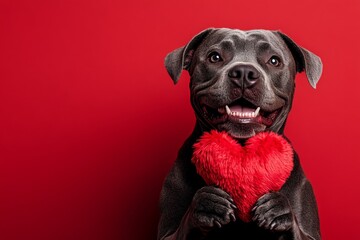 Marketing conceptual art. Cane corso - my cherished dog. Cute cane corso pup with fluffy red heart - emblem of love, funny greeting card. February love concepts. Valentine's furry friends.
