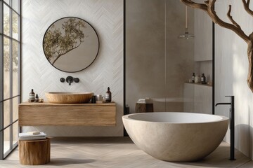 Modern minimalist bathroom with wooden vanity, stone bathtub, and herringbone tiles.