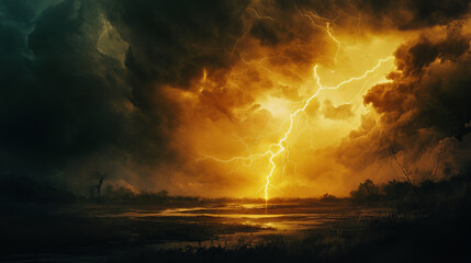 Fototapeta premium Lightning effect, thunderstorm, gold or yellow electric thunderbolt storm strikes. Isolated powerful electrical discharge, bolt, impact, crack, magical energy flash, Realistic 3d vector illustration