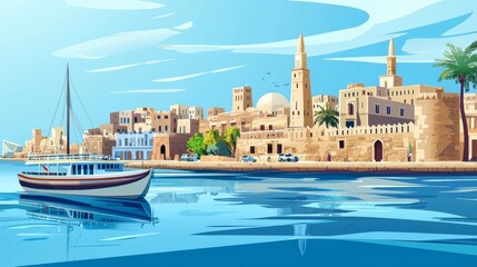 Fototapeta premium Coastal Cityscape with Sailboat, Architecture, Ocean, Sky, and Palm Trees