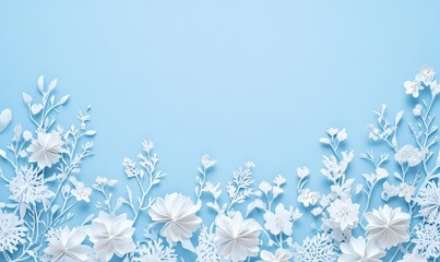 Winter Paper Cut White Blooming Flowers on Blue Background, Origami Art Craft Design, Decorative Floral Border for Holiday and Seasonal Themes, Generative AI