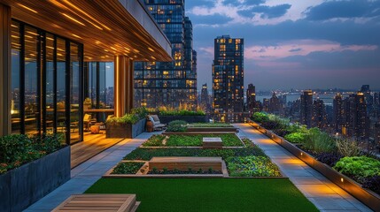 Urban agriculture gardening concept. A stunning rooftop garden with plants overlooking a city skyline at dusk.