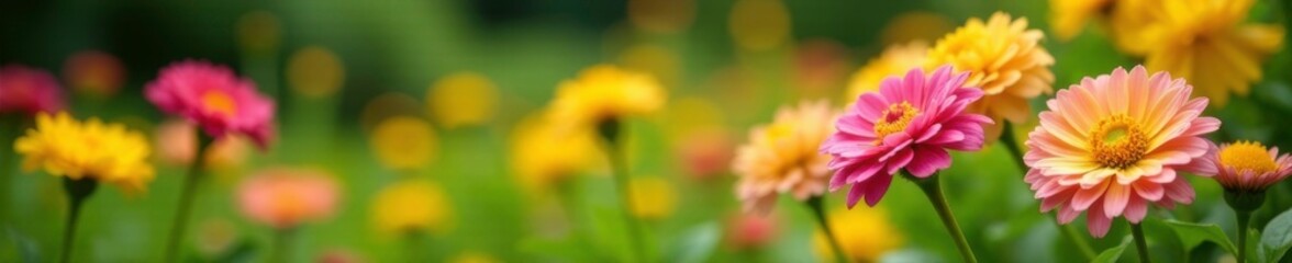 Obraz premium Pink and yellow Gerbera flowers in a garden with green grass, yellow, garden