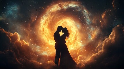 Fototapeta premium Couple's silhouette holding each other close amidst swirling clouds and a glowing galaxy symbolizing love and romance on a Valentines evening