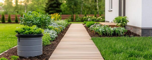 Water conservation gardening idea. A beautifully landscaped pathway leading through vibrant green plants and flowers.
